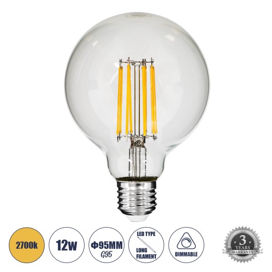 99011 Λάμπα LED Long Filament E27 G95 Γλόμπος 12W 1200lm 360° AC 220-240V IP20 Φ9.5 x Υ13.5cm Θερμό Λευκό 2700K με Διάφανο Γυαλί - Dimmable - 3 Years Warranty