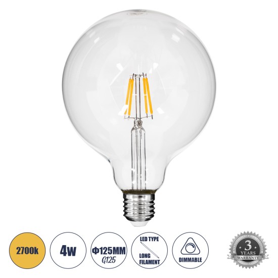 99012 Λάμπα LED Long Filament E27 G125 Γλόμπος 4W 400lm 360° AC 220-240V IP20 Φ12.5 x Υ18cm Θερμό Λευκό 2700K με Διάφανο Γυαλί - Dimmable - 3 Years Warranty