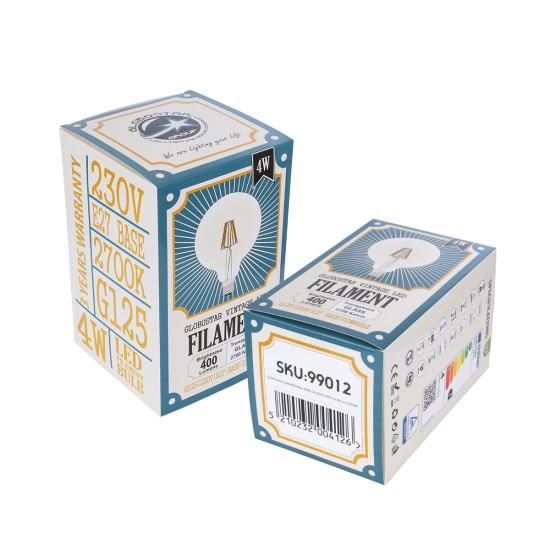 99012 Λάμπα LED Long Filament E27 G125 Γλόμπος 4W 400lm 360° AC 220-240V IP20 Φ12.5 x Υ18cm Θερμό Λευκό 2700K με Διάφανο Γυαλί - Dimmable - 3 Years Warranty