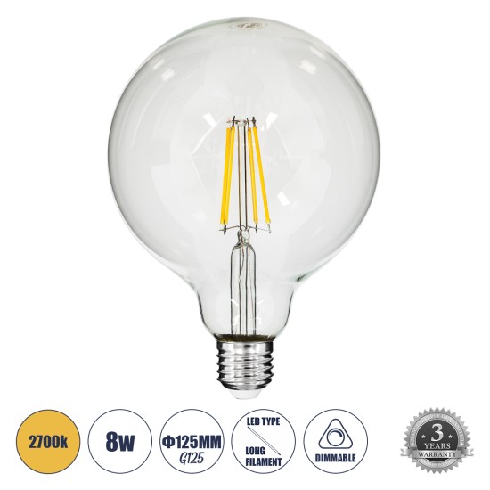 99013 Λάμπα LED Long Filament E27 G125 Γλόμπος 8W 800lm 360° AC 220-240V IP20 Φ12.5 x Υ18cm Θερμό Λευκό 2700K με Διάφανο Γυαλί - Dimmable - 3 Years Warranty