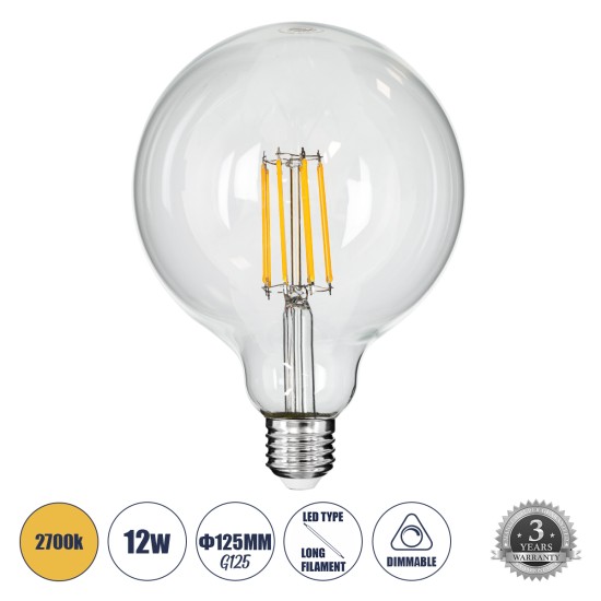 99014 Λάμπα LED Long Filament E27 G125 Γλόμπος 12W 1200lm 360° AC 220-240V IP20 Φ12.5 x Υ18cm Θερμό Λευκό 2700K με Διάφανο Γυαλί - Dimmable - 3 Years Warranty