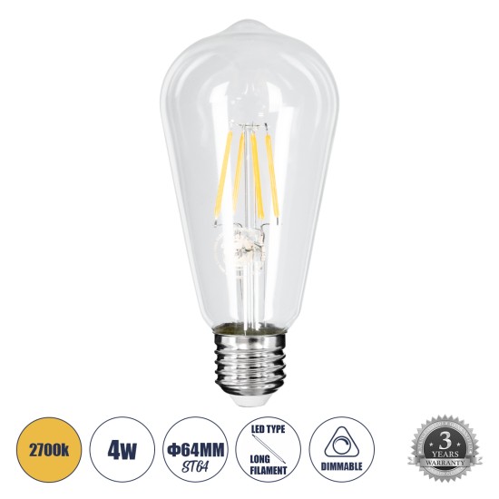 99015 Λάμπα LED Long Filament E27 ST64 Αχλάδι 4W 400lm 360° AC 220-240V IP20 Φ6.4 x Υ14cm Θερμό Λευκό 2700K με Διάφανο Γυαλί Dimmable - 3 Χρόνια Εγγύηση