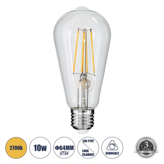 99017 Λάμπα LED Long Filament E27 ST64 Αχλάδι 10W 1000lm 360° AC 220-240V IP20 Φ6.4 x Υ14cm Θερμό Λευκό 2700K με Διάφανο Γυαλί - Dimmable - 3 Years Warranty