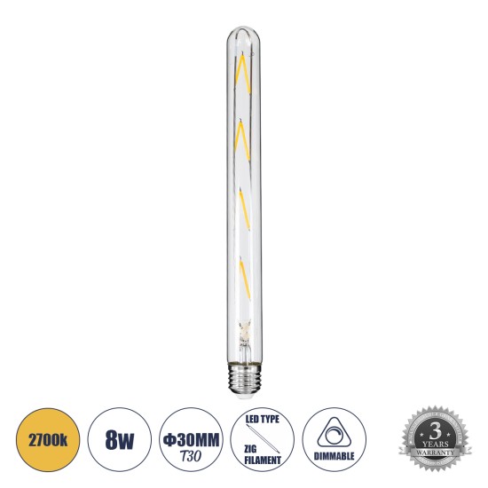 99020 Λάμπα LED Long Filament E27 T30 Σωλήνας 8W 800lm 360° AC 220-240V IP20 Φ3 x Υ30cm Θερμό Λευκό 2700K με Διάφανο Γυαλί - Dimmable - 3 Years Warranty