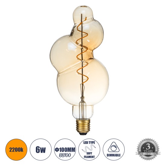 99021 Λάμπα LED Soft S Spiral Filament E27 BB100 BUBBLES Γλόμπος 6W 420lm 360° AC 220-240V IP20 Φ10 x Υ24cm Ultra Θερμό Λευκό 2200K με Μελί Γυαλί - Dimmable - 3 Years Warranty