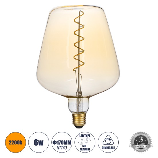 99025 Λάμπα LED Soft S Spiral Filament E27 NT170 BRANDY Γλόμπος 6W 420lm 360° AC 220-240V IP20 Φ17 x Υ23cm Ultra Θερμό Λευκό 2200K με Μελί Γυαλί - Dimmable - 3 Years Warranty