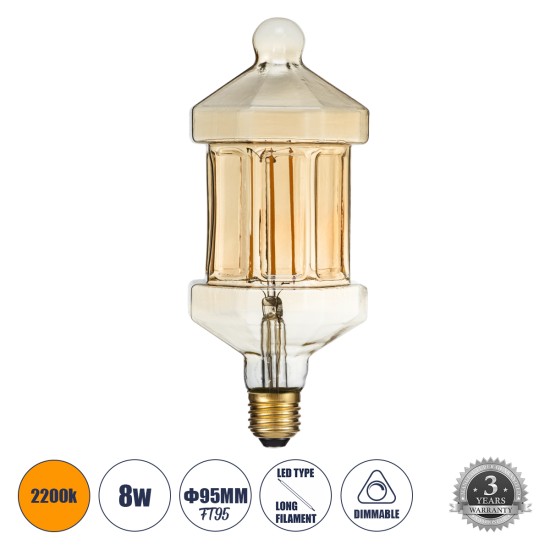 99026 Λάμπα LED Long Filament E27 FT95 LANTERN Γλόμπος 8W 650lm 360° AC 220-240V IP20 Φ9.5 x Υ21.5cm Ultra Θερμό Λευκό 2200K με Μελί Γυαλί - Dimmable - 3 Years Warranty