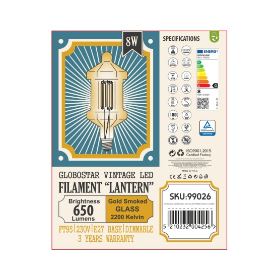 99026 Λάμπα LED Long Filament E27 FT95 LANTERN Γλόμπος 8W 650lm 360° AC 220-240V IP20 Φ9.5 x Υ21.5cm Ultra Θερμό Λευκό 2200K με Μελί Γυαλί - Dimmable - 3 Years Warranty