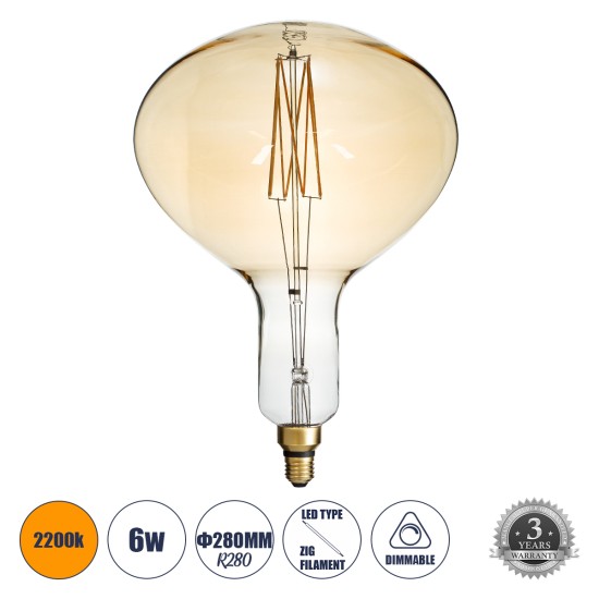 99027 Λάμπα LED Zig Long Filament E27 R280 BUTTERNUT Γλόμπος 6W 420lm 360° AC 220-240V IP20 Φ28 x Υ41cm Ultra Θερμό Λευκό 2200K με Μελί Γυαλί - Dimmable - 3 Years Warranty