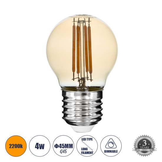 99034 Λάμπα LED Long Filament E27 G45 Γλομπάκι 4W 350lm 360° AC 220-240V IP20 Φ4.5 x Υ7.5cm Ultra Θερμό Λευκό 2200K με Μελί Γυαλί - Dimmable - 3 Years Warranty