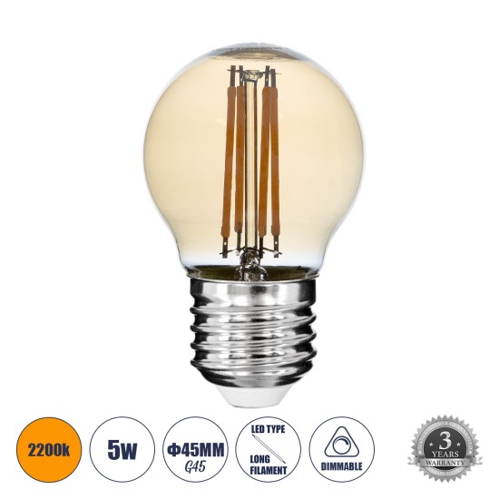 99035 Λάμπα LED Long Filament E27 G45 Γλομπάκι 5W 450lm 360° AC 220-240V IP20 Φ4.5 x Υ7.5cm Ultra Θερμό Λευκό 2200K με Μελί Γυαλί - Dimmable - 3 Years Warranty