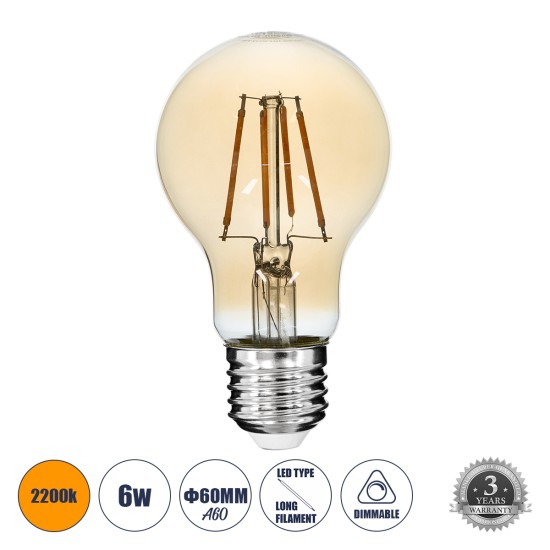 99036 LED Long Filament Bulb E27 A60 Globe 6W 550lm 360° AC 220-240V IP20 D6 x H10.5cm Ultra Θερμό Λευκό 2200K με Μελί Γυαλί - Dimmable - 3 Years Warranty