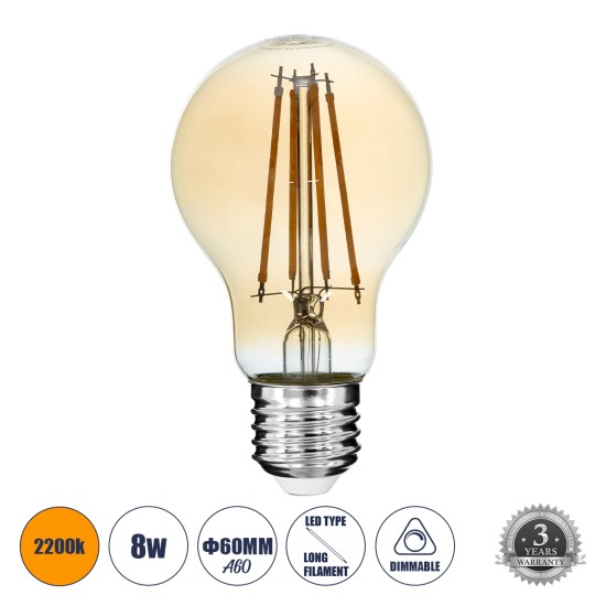 99037 LED Long Filament Bulb E27 A60 Globe 8W 720lm 360° AC 220-240V IP20 D6 x H10.5cm Ultra Θερμό Λευκό 2200K με Μελί Γυαλί - Dimmable - 3 Years Warranty