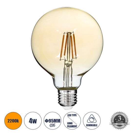 99039 LED Long Filament Bulb E27 G95 Globe 4W 350lm 360° AC 220-240V IP20 D9.5 x H13.5cm Ultra Θερμό Λευκό 2200K με Μελί Γυαλί - Dimmable - 3 Years Warranty