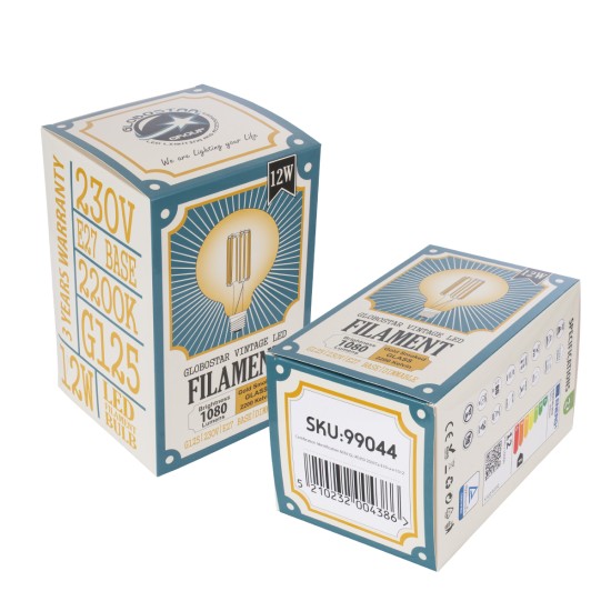 99044 Λάμπα LED Long Filament E27 G125 Γλόμπος 12W 1080lm 360° AC 220-240V IP20 Φ12.5 x Υ18cm Ultra Θερμό Λευκό 2200K με Μελί Γυαλί - Dimmable - 3 Years Warranty