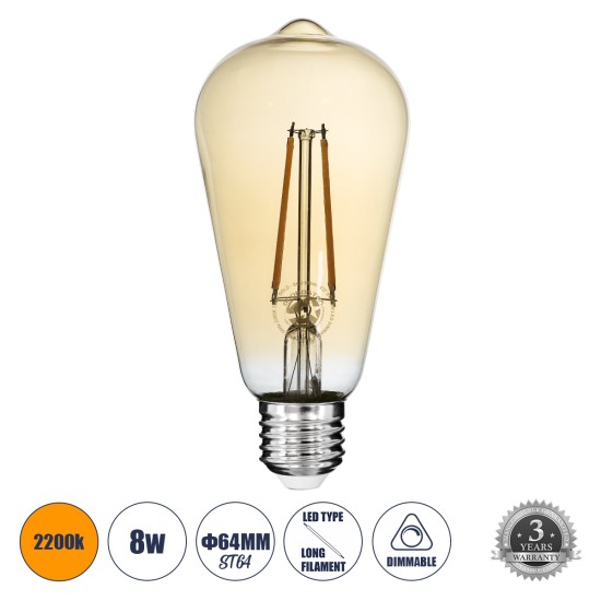 99046 Λάμπα LED Long Filament E27 ST64 Αχλάδι 8W 720lm 360° AC 220-240V IP20 Φ6.4 x Υ14cm Ultra Θερμό Λευκό 2200K με Μελί Γυαλί - Dimmable - 3 Years Warranty