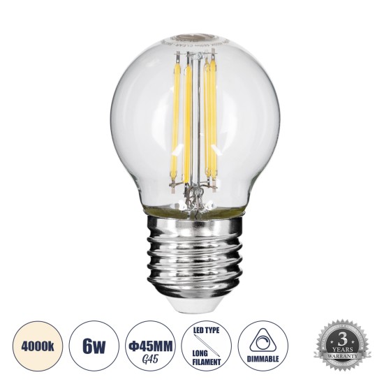 99052 Λάμπα LED Long Filament E27 G45 Γλομπάκι 6W 660lm 360° AC 220-240V IP20 Φ4.5 x Υ7.5cm Φυσικό Λευκό 4000K με Διάφανο Γυαλί - Dimmable - 3 Years Warranty