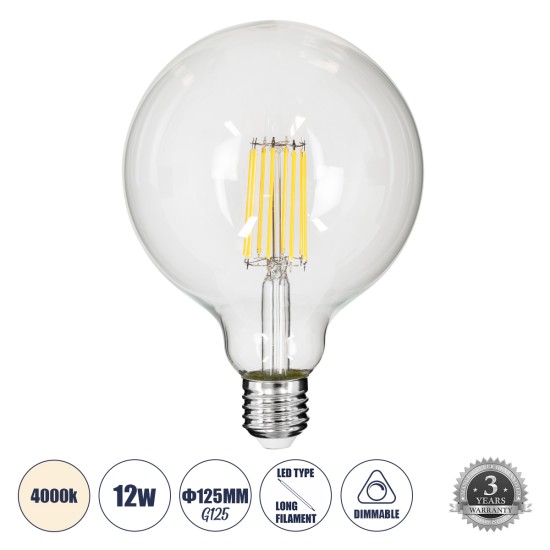 99055 Λάμπα LED Long Filament E27 G125 Γλόμπος 12W 1320lm 360° AC 220-240V IP20 Φ12.5 x Υ18cm Φυσικό Λευκό 4000K με Διάφανο Γυαλί - Dimmable - 3 Years Warranty