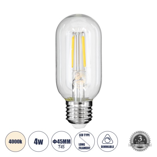 99057 Λάμπα LED Long Filament E27 T45 Σωλήνας 4W 440lm 360° AC 220-240V IP20 Φ4.5 x Υ11cm Φυσικό Λευκό 4000K με Διάφανο Γυαλί - Dimmable - 3 Years Warranty