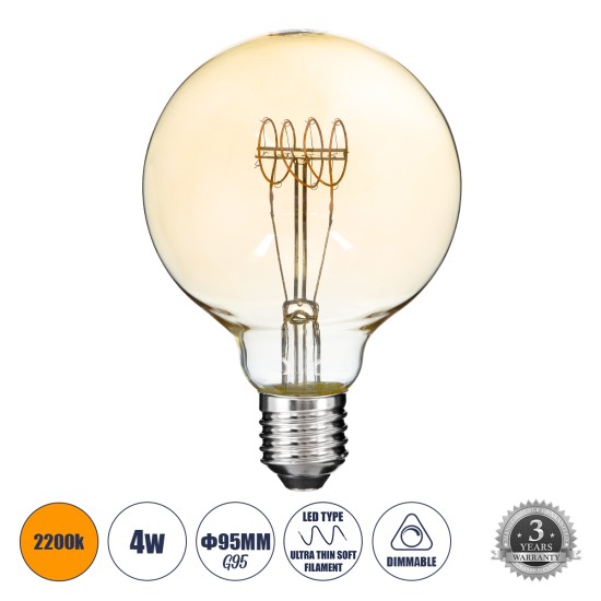 99060 Λάμπα LED Ultra Thin Soft S Spiral Filament E27 G95 Γλόμπος 4W 280lm 360° AC 220-240V IP20 Φ9.5 x Υ13.5cm Ultra Θερμό Λευκό 2200K με Μελί Γυαλί - Dimmable - 3 Years Warranty