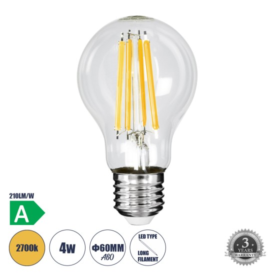 99083 Λάμπα LED Long Filament E27 A60 Γλόμπος 4W 840lm 360° AC 220-240V IP20 Φ6 x Υ11cm Θερμό Λευκό 2700K με Διάφανο Γυαλί - Pro Series 210lm/W - A Ενεργειακή Κλάση - 3 Χρόνια Εγγύηση