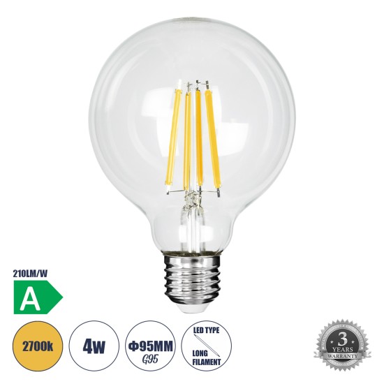 99084 Λάμπα LED Long Filament E27 G95 Γλόμπος 4W 840lm 360° AC 220-240V IP20 Φ9.5 x Υ13.8cm Θερμό Λευκό 2700K με Διάφανο Γυαλί - Pro Series 210lm/W - A Ενεργειακή Κλάση - 3 Χρόνια Εγγύηση