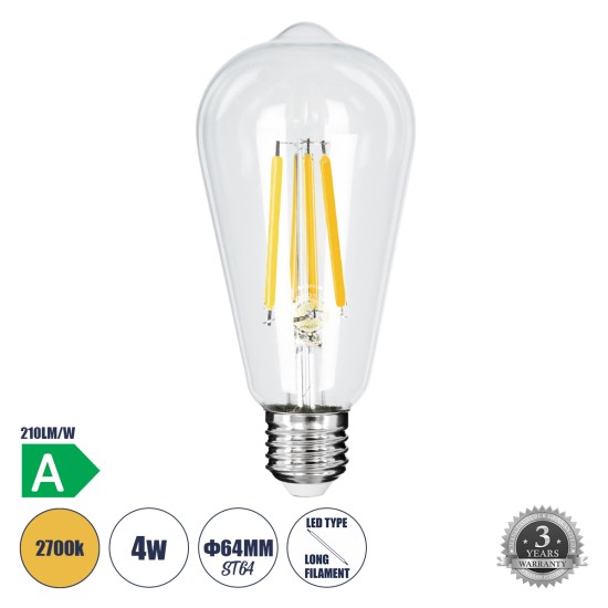 99086 Λάμπα LED Long Filament E27 ST64 Αχλάδι 4W 840lm 360° AC 220-240V IP20 Φ6.4 x Υ14.5cm Θερμό Λευκό 2700K με Διάφανο Γυαλί - Pro Series 210lm/W - A Ενεργειακή Κλάση - 3 Χρόνια Εγγύηση