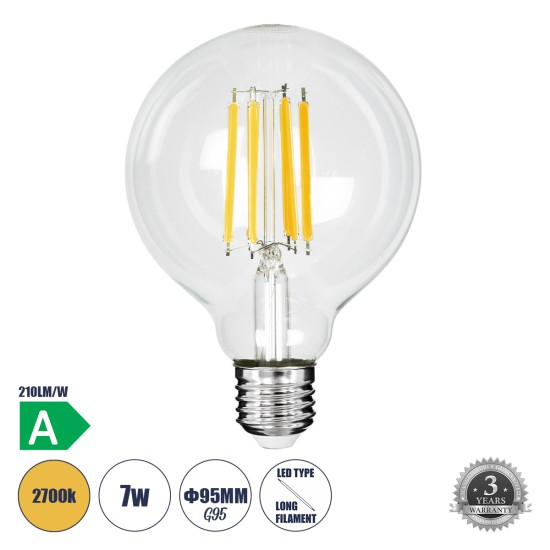 99088 Λάμπα LED Long Filament E27 G95 Γλόμπος 7W 1470lm 360° AC 220-240V IP20 Φ9.5 x Υ13.8cm Θερμό Λευκό 2700K με Διάφανο Γυαλί - Pro Series 210lm/W - A Ενεργειακή Κλάση - 3 Χρόνια Εγγύηση