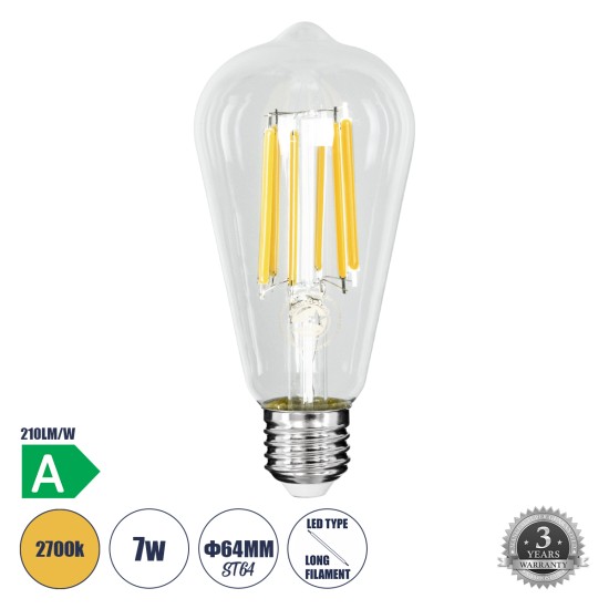 99090 Λάμπα LED Long Filament E27 ST64 Αχλάδι 7W 1470lm 360° AC 220-240V IP20 Φ6.4 x Υ14.5cm Θερμό Λευκό 2700K με Διάφανο Γυαλί - Pro Series 210lm/W - A Ενεργειακή Κλάση - 3 Χρόνια Εγγύηση