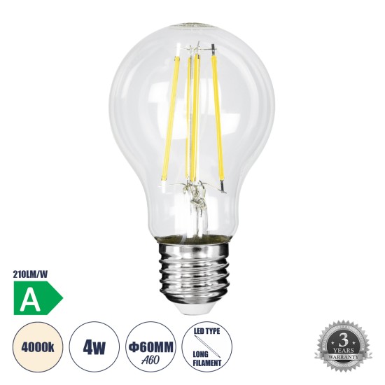 99091 Λάμπα LED Long Filament E27 A60 Γλόμπος 4W 840lm 360° AC 220-240V IP20 Φ6 x Υ11cm Φυσικό Λευκό 4000K με Διάφανο Γυαλί - Pro Series 210lm/W - A Ενεργειακή Κλάση - 3 Χρόνια Εγγύηση