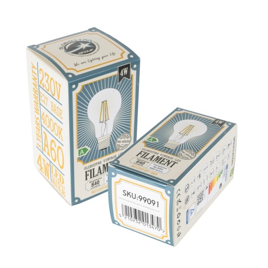 99091 Λάμπα LED Long Filament E27 A60 Γλόμπος 4W 840lm 360° AC 220-240V IP20 Φ6 x Υ11cm Φυσικό Λευκό 4000K με Διάφανο Γυαλί - Pro Series 210lm/W - A Ενεργειακή Κλάση - 3 Χρόνια Εγγύηση