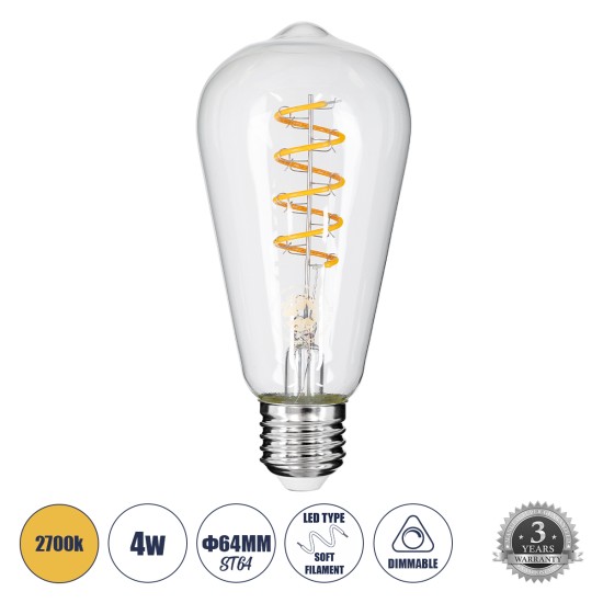 99143 Λάμπα LED Soft S Spiral Filament E27 ST64 Αχλάδι 4W 300lm 360° AC 220-240V IP20 Φ6.4 x Υ14cm Θερμό Λευκό 2700K με Διάφανο Γυαλί - Dimmable - 3 Χρόνια Εγγύηση