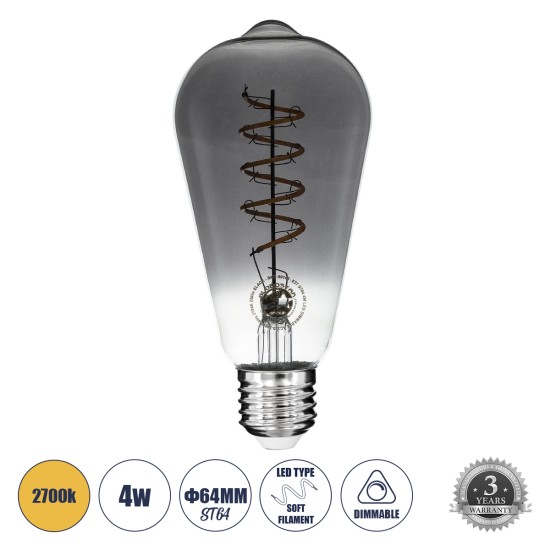 99145 Λάμπα LED Soft S Spiral Filament E27 ST64 Αχλάδι 4W 280lm 360° AC 220-240V IP20 Φ6.4 x Υ14cm Θερμό Λευκό 2700K με Φιμέ Γυαλί Dimmable - 3 Χρόνια Εγγύηση