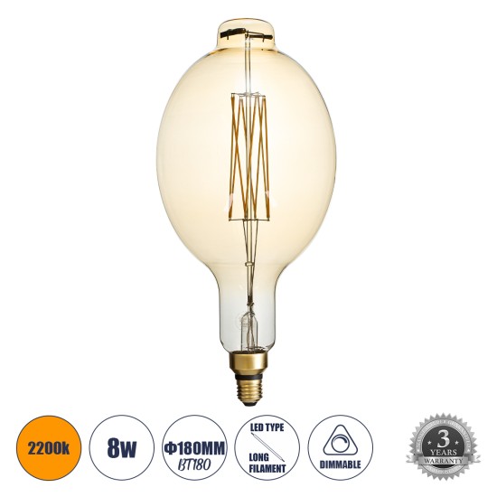 99166 Λάμπα LED Long Filament E27 BT180 MANGOS Γλόμπος 8W 720lm 360° AC 220-240V IP20 Φ18 x Υ39cm Ultra Θερμό Λευκό 2200K με Μελί Γυαλί - Dimmable - 3 Χρόνια Εγγύηση