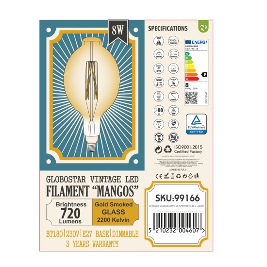 99166 Λάμπα LED Long Filament E27 BT180 MANGOS Γλόμπος 8W 720lm 360° AC 220-240V IP20 Φ18 x Υ39cm Ultra Θερμό Λευκό 2200K με Μελί Γυαλί - Dimmable - 3 Χρόνια Εγγύηση