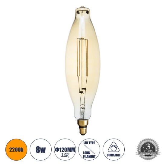 99167 Λάμπα LED Long Filament E27 3.5K AVOCADOS Γλόμπος 8W 650lm 360° AC 220-240V IP20 Φ12 x Υ44cm Ultra Θερμό Λευκό 2200K με Μελί Γυαλί Dimmable - 3 Χρόνια Εγγύηση