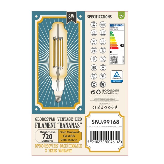 99168 Λάμπα LED Long Filament E27 BTT80 BANANAS Γλόμπος 8W 720lm 360° AC 220-240V IP20 Φ7.8 x Υ34.5cm Ultra Θερμό Λευκό 2200K με Μελί Γυαλί - Dimmable - 3 Χρόνια Εγγύηση