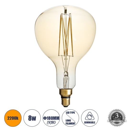 99169 Λάμπα LED Long Filament E27 ER180 PAPAYAS Γλόμπος 8W 720lm 360° AC 220-240V IP20 Φ18 x Υ30cm Ultra Θερμό Λευκό 2200K με Μελί Γυαλί - Dimmable - 3 Years Warranty