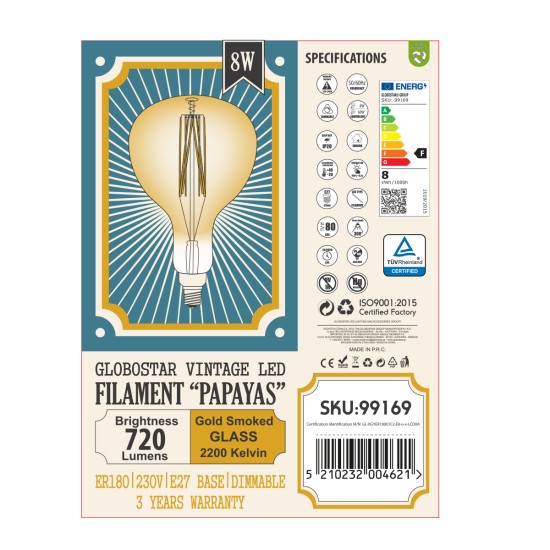 99169 Λάμπα LED Long Filament E27 ER180 PAPAYAS Γλόμπος 8W 720lm 360° AC 220-240V IP20 Φ18 x Υ30cm Ultra Θερμό Λευκό 2200K με Μελί Γυαλί - Dimmable - 3 Years Warranty