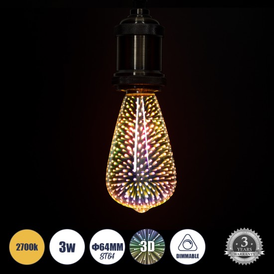 99272 Λάμπα LED Long Filament E27 ST64 Αχλάδι 3D Galaxy Effect 3W 201lm 360° AC 220-240V IP20 Φ6.4 x Υ14cm Θερμό Λευκό 2700K με Galaxy Mirror Γυαλί - Dimmable - 3 Years Warranty