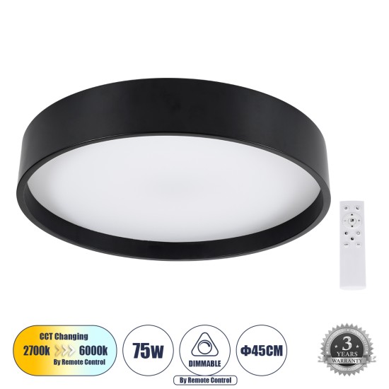 NARNIA 61257 Πλαφονιέρα Οροφής LED CCT 75W 8625lm 120° AC 220-240V - Εναλλαγή Φωτισμού μέσω Τηλεχειριστηρίου All In One Ψυχρό 6000k+Φυσικό 4500k+Θερμό 2700k Dimmable Φ45 x Υ8cm - Μαύρο - 3 Years Warranty