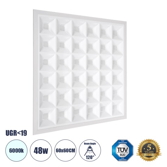 ZEUS 60968 Χωνευτό LED Panel 60x60cm 48W 7440lm 120° CRI≥86Ra UGR<19 Anti-Glare Shield Diffuser AC 220-240V IP44 Μ60 x Π60 x Υ3.3cm - Ψυχρό Λευκό 6000K - Bridgelux High Lumen Chips - TÜV Certified Driver - 5 Years Warranty