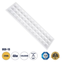 ZEUS 60973 Χωνευτό Panel Οροφής 120x30 με Anti Glare Reflector LED 48W 6960lm 120° CRI≥85Ra UGR<19 AC 220-240V IP20 Θερμό Λευκό 2700K - Lumileds SMD Chip & TÜV SÜD Driver - Λευκό Γαλακτερό - Μ120 x Π30 x Υ3.3cm / Q116 x 26cm - 5 Χρόνια Εγγύηση