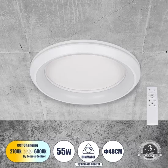MELINA 61041 Μοντέρνο Φωτιστικό Οροφής LED 55W 6376lm 120° AC 220-240V IP20 Ρυθμιζόμενο Λευκό CCT με Χειριστήριο από 2700K έως 6000K Dimmable - Lumileds SMD Chip - Λευκό Ματ - Μ48 x Π48 x Υ9cm - 3 Χρόνια Εγγύηση