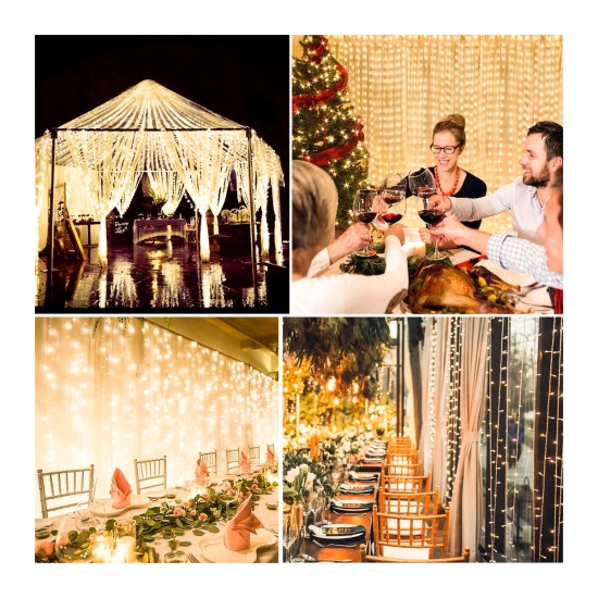 85830 Διακοσμητική Κουρτίνα 6 x 3 Μέτρα με Controller 8 Προγραμμάτων Εναλλαγών Φωτισμού - Επεκτεινόμενη 600 LED 6W AC 230V με Διάφανο Καλώδιο & Πρίζα Schuko Αδιάβροχη IP44 Θερμό Λευκό 3000K Μ6 x Υ3m