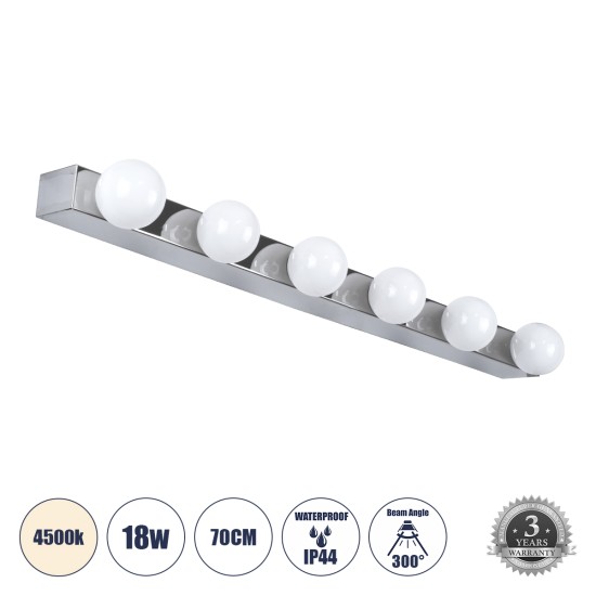 BELLA 60453 Μοντέρνο Φωτιστικό Τοίχου - Απλίκα Καθρέπτη Μπάνιου LED 18W 2052lm 300° AC 220-240V IP44 Φυσικό Λευκό 4500K - Bridgelux COB Chip & TÜV SÜD Driver - Ασημί & Λευκό - Μ70 x Π11 x Υ6cm - 3 Χρόνια Εγγύηση