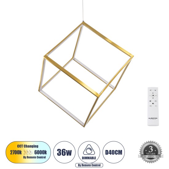 KIBOO 60930 Μοντέρνο Κρεμαστό Φωτιστικό Οροφής LED 36W 4150lm 360° AC 220-240V IP20 Ρυθμιζόμενο Λευκό CCT με Χειριστήριο από 2700K έως 6000K Dimmable - Lumileds SMD Chip - Χρυσό Βούρτσας - Μ40 x Π40 x Υ40cm - 3 Χρόνια Εγγύηση