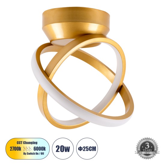 AMELIA 61054 Μοντέρνο Φωτιστικό Οροφής LED 20W 2400lm 300° AC 220-240V IP20 Ρυθμιζόμενο Λευκό CCT με On/Off 2700K/4500K/6000K - Lumileds SMD Chip - Χρυσό Βούρτσας - Μ24.5 x Π16 x Υ25cm - 3 Χρόνια Εγγύηση
