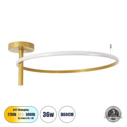 VERONA 61225 Φωτιστικό Οροφής Δαχτυλίδι-Κύκλος LED CCT 36W 4032lm 360° AC 220-240V - Εναλλαγή Φωτισμού μέσω Διακόπτη On/Off All In One Ψυχρό 6000k+Φυσικό 4500k+Θερμό 2700K Φ60 x Υ23cm - Χρυσό Βούρτσας - 3 Χρόνια Εγγύηση