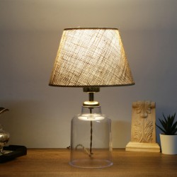 TRANS 204-0055 Μοντέρνο Eπιτραπέζιο Φωτιστικό Πορτατίφ Μονόφωτο 1 x E27 IP20 Διάφανο Πλαστικό με Μπεζ Ύφασμα - Μ22 x Π22 x Υ14cm